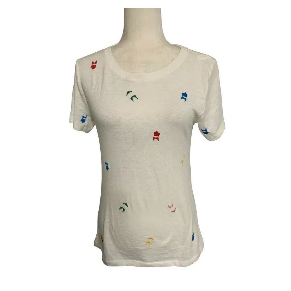 j crew womens white bikini print embroidered short sleeve top t shirt small